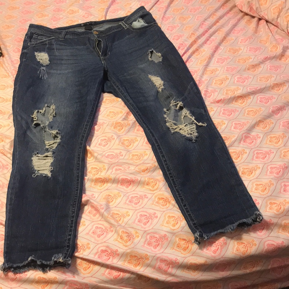 Fashion to figure dark wash ripped jeans